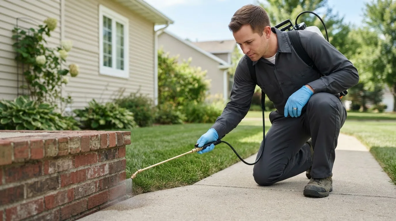 Pest control technician treating a home near Sumava Resorts, IN