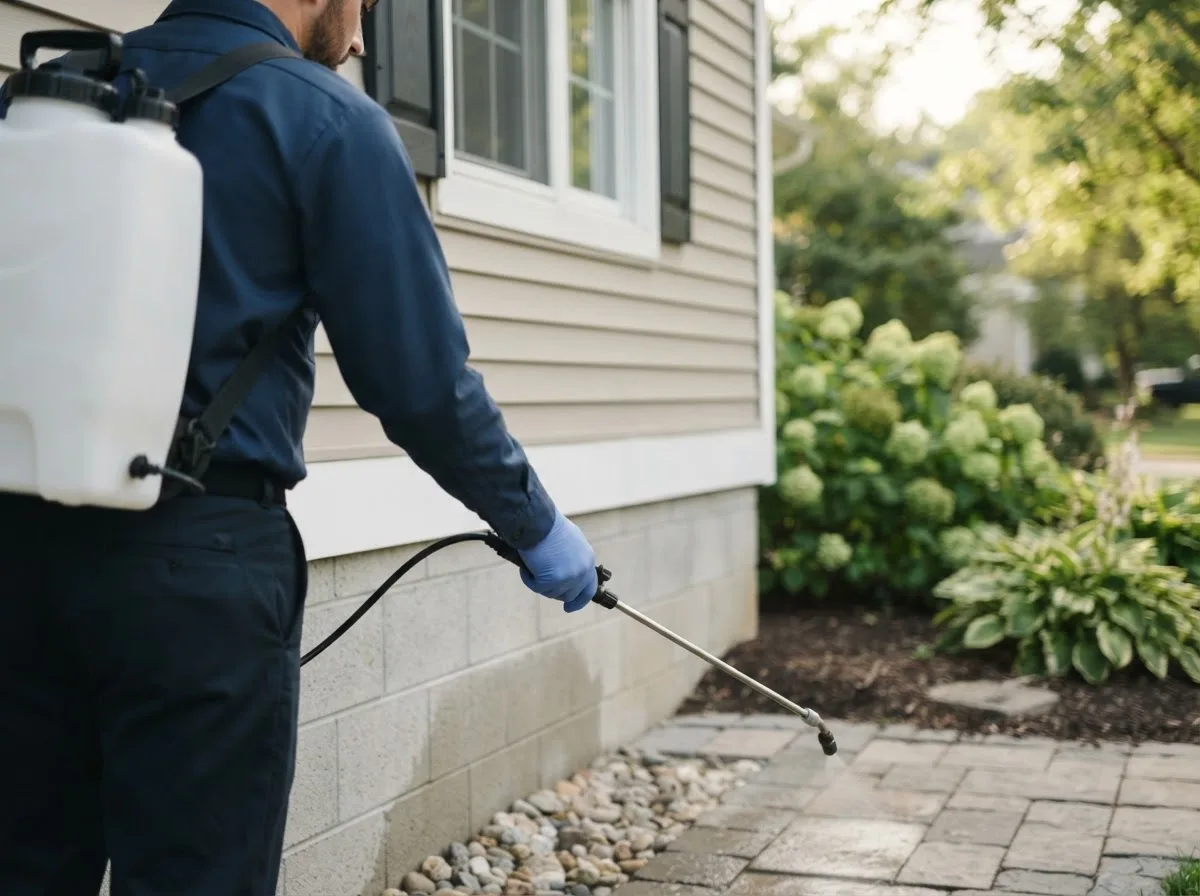 Pest control technician inspecting a home in Sumava Resorts, IN